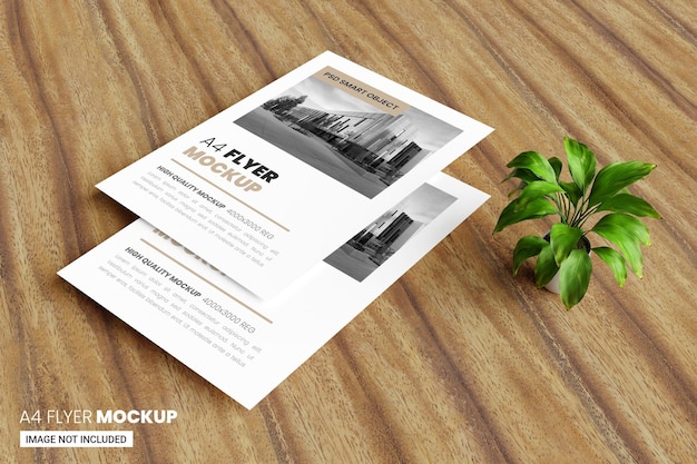 A4 flyer poster mockup in 3D render with green leaf and wooden background