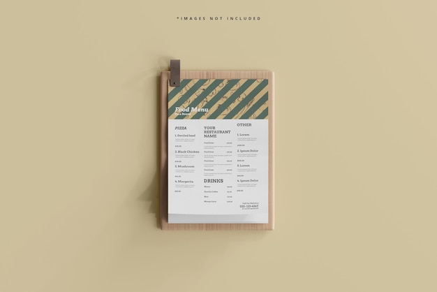 a4 size food menu on a wooden board mockup