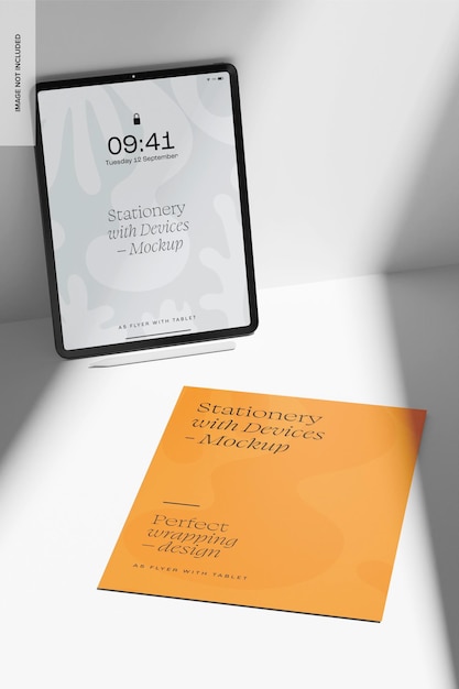 A5 Flyer with Tablet Mockup, Dropped and Standing