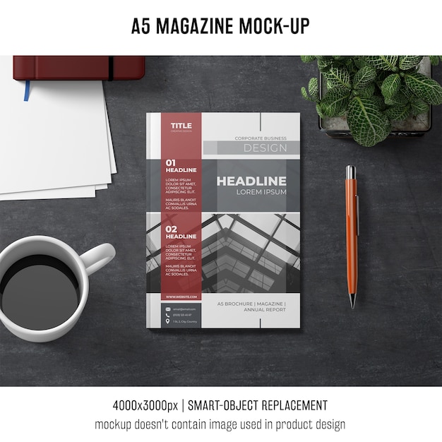 PSD a5 magazine mockup with coffee