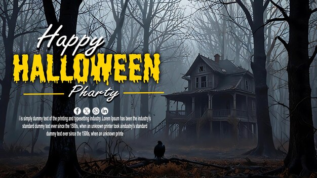 PSD an abandoned house inside a forest a ghostly crow sitting on a leafless tree smoke all around a haunted atmosphere