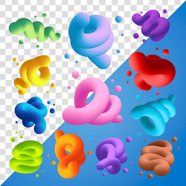 PSD abstract 3d png fluid shape colorful twisted set on transparent background