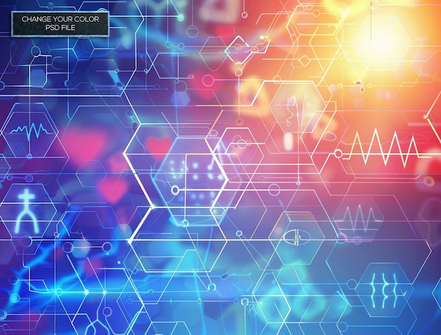 PSD abstract blue background with sound waves and hexagons representing medical technology