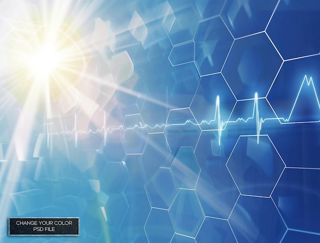 Abstract blue background with sound waves and hexagons representing medical technology