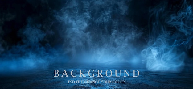 Abstract dark background with fog and blue light rays on the asphalt floor