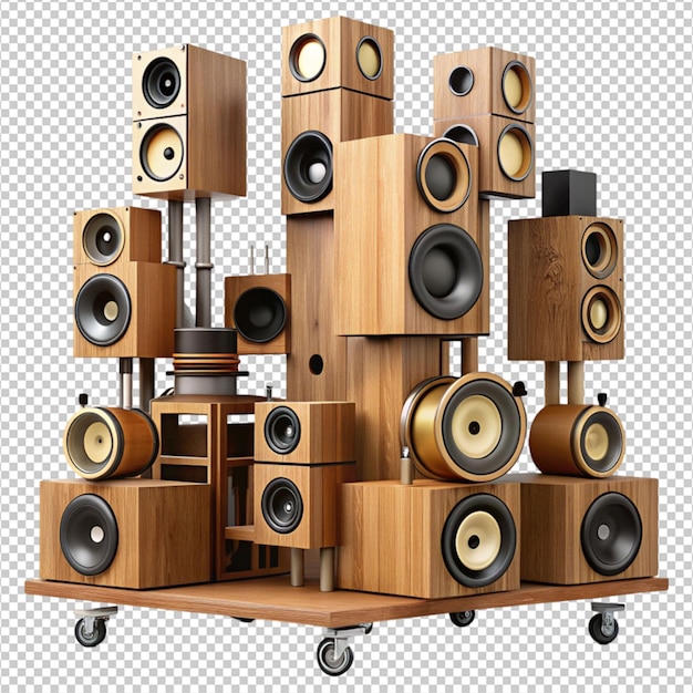 abstract many speakers wooden music mobile system on white background