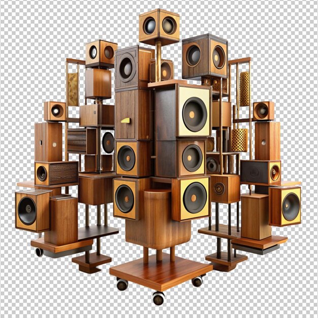 abstract many speakers wooden music mobile system on white background