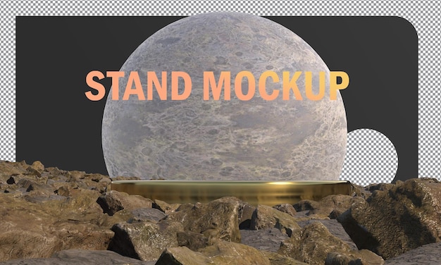 abstract mock-ups stand gold metallic circle surrounded by rocks on moon background