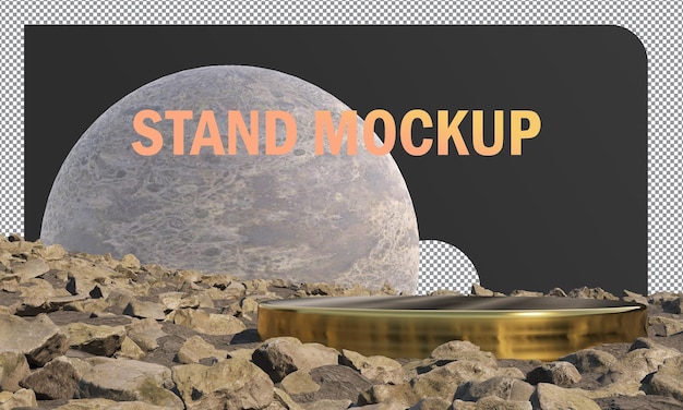 abstract mock-ups stand gold metallic circle surrounded by rocks on moon background