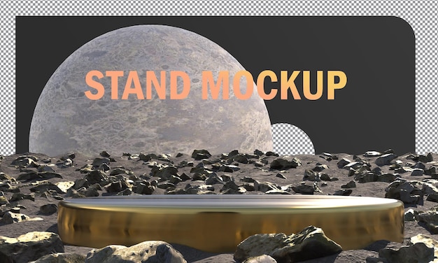 PSD abstract mock-ups stand gold metallic circle surrounded by rocks on moon background