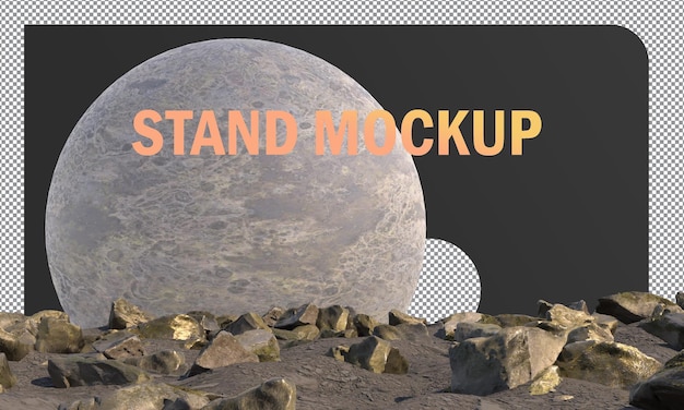 abstract mock-ups stand gold metallic circle surrounded by rocks on moon background