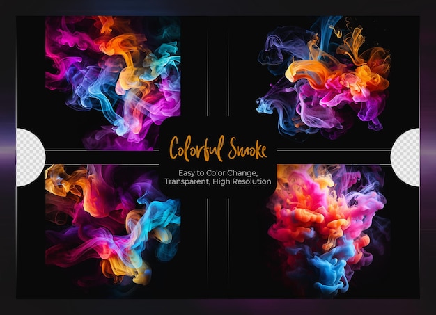 Abstract multicolored smoke set on transparent background