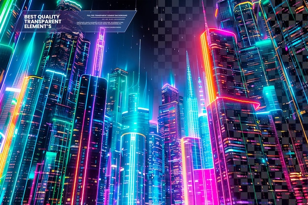 PSD abstract neon cityscape with vibrant glowing lights an on transparent background