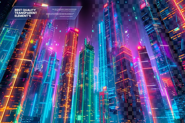 PSD abstract neon cityscape with vibrant glowing lights an on transparent background