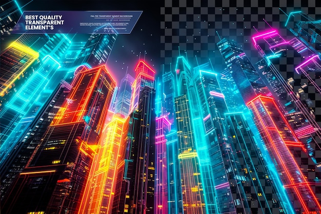 PSD abstract neon cityscape with vibrant glowing lights an on transparent background