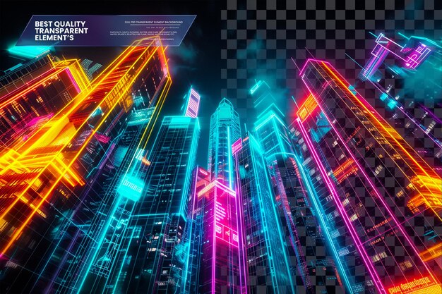 PSD abstract neon cityscape with vibrant glowing lights an on transparent background