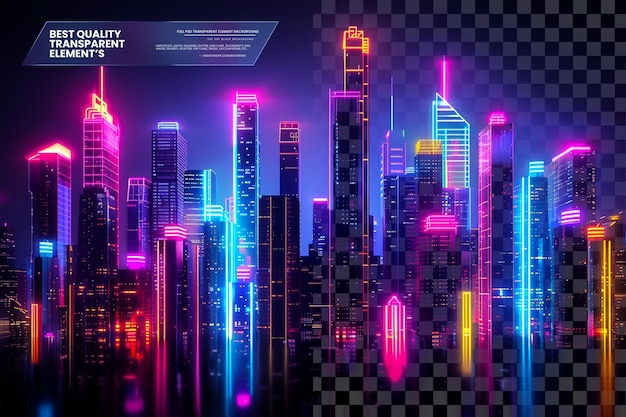 PSD abstract neon cityscape with vibrant glowing lights an on transparent background