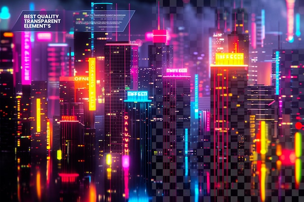 PSD abstract neon cityscape with vibrant glowing lights an on transparent background