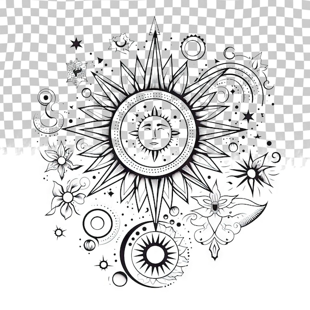 PSD abstract pattern with sun moon star and geometric elements on transparent background modern tatto