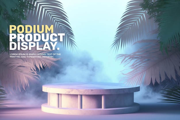 abstract podium stage display for product presentation with light clouds and tropical palm leaves 3d