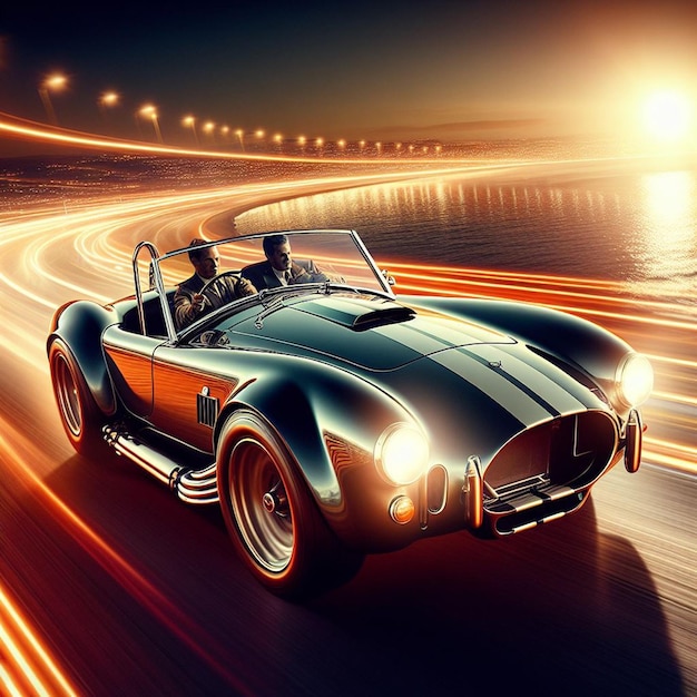 AC Cobra us car png cruising on the road in the sunset on transparent background