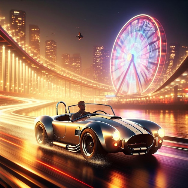 AC Cobra us car png cruising on the road in the sunset on transparent background