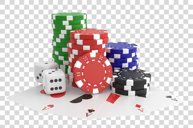 Aces lying near realistic casino chips and stack of gambling tokens for blackjack or poker 3D render