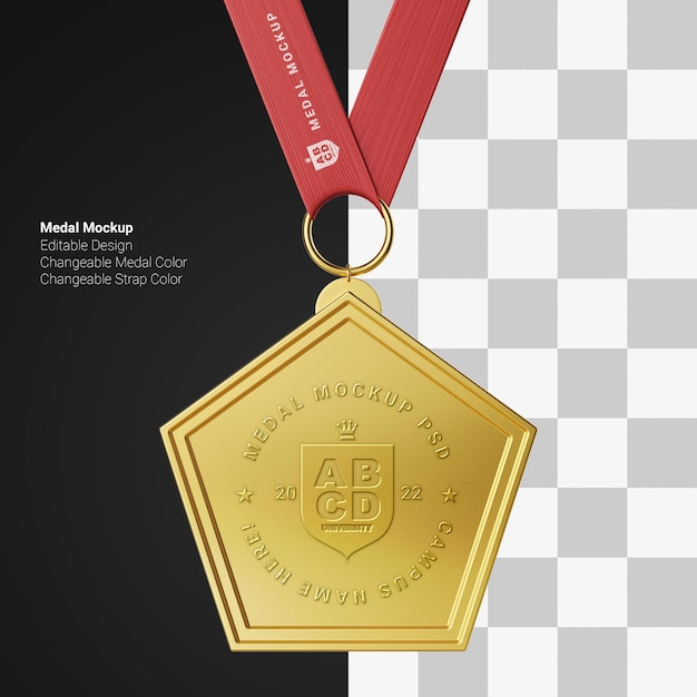 achievement award pentagon shape golden metal medallion with strap editable logo mockup