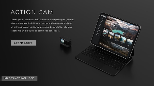 Action Camera with Cloud Photos and laptop Mockup 3D Render