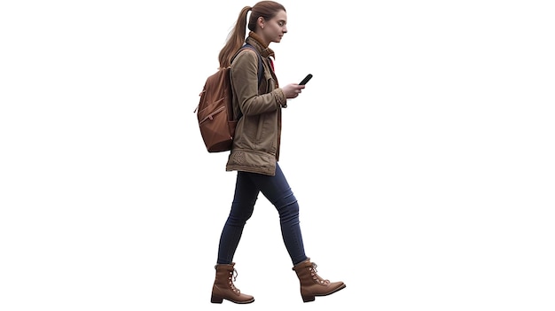 Actress walking wearing a suit holding a mobile phone and a pocket book on transparency