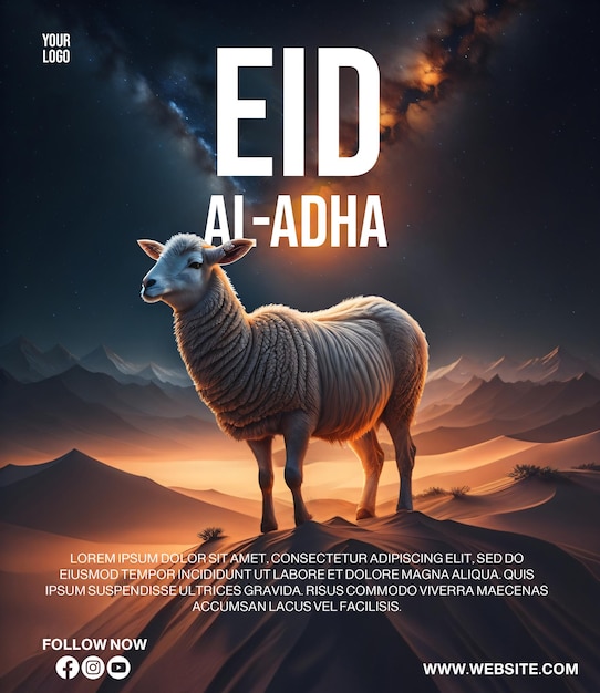 An ad for eid al adha with a sheep in the background