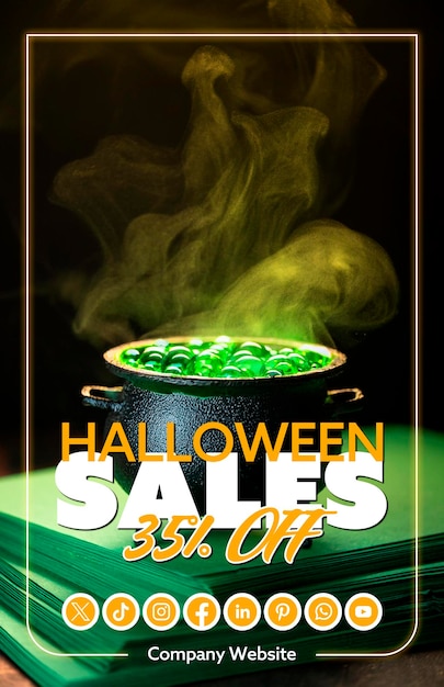 PSD an ad for halloween sale with a pot of green liquid