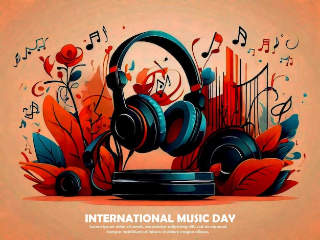 an ad for international music with a colorful background with a musical instrument