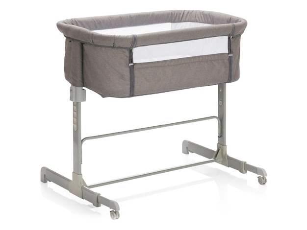 adjustable baby cot bed febric designed wide angle front view with measurment