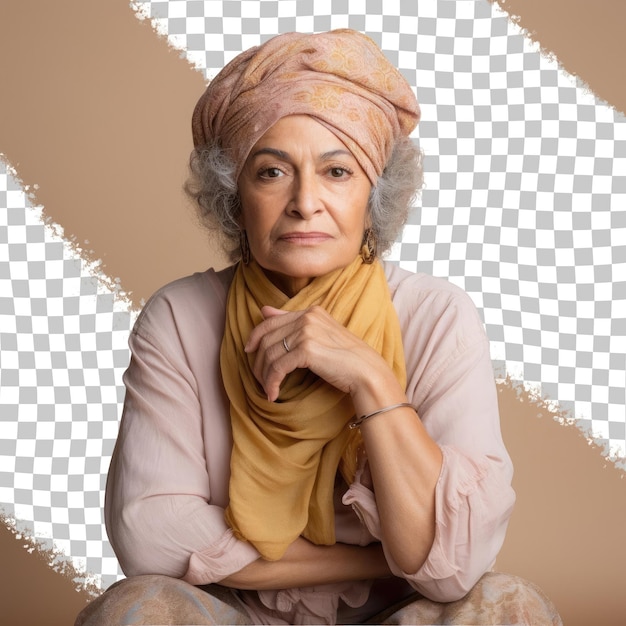 A Admiring Senior woman with Curly Hair from the Middle Eastern ethnicity dressed in Knitting scarves attire poses in a Seated with Head Resting on Hand style against a Pastel Beige backgro