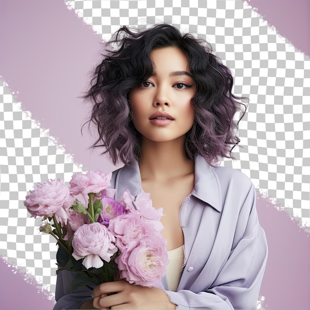 A Admiring Young Adult Woman with Wavy Hair from the East Asian ethnicity dressed in Florist attire poses in a Leaning Forward with Elbows on Knees style against a Pastel Lavender background