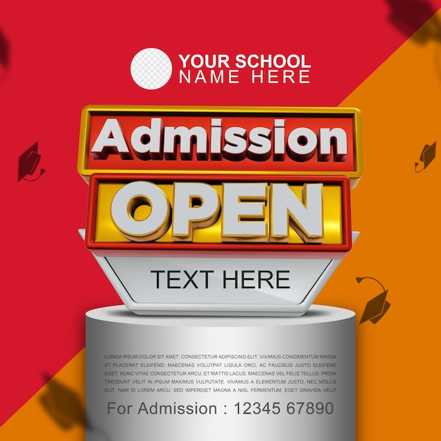 Admission Open 3d Rendered Social Media Post with Transparent Background