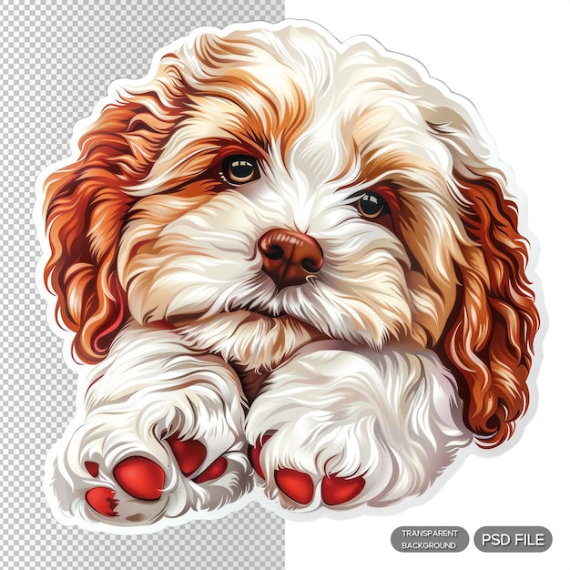 PSD adorable animal sticker of a fluffy puppy with red paws perfect for scrapbooking journals and craft projects