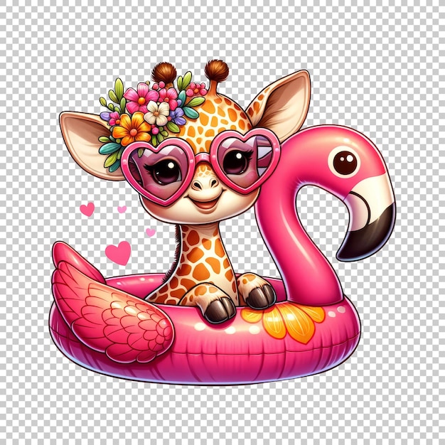 PSD adorable animal with flamingo float and flower headband isolated on transparent background