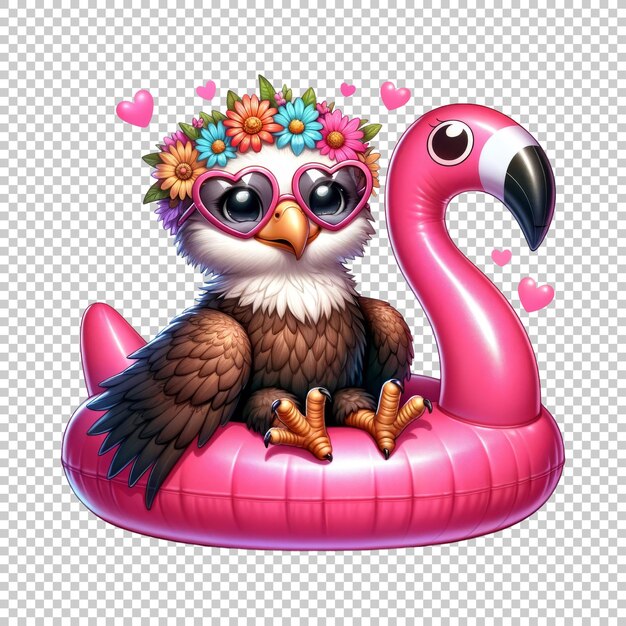 PSD adorable animal with flamingo float and flower headband isolated on transparent background