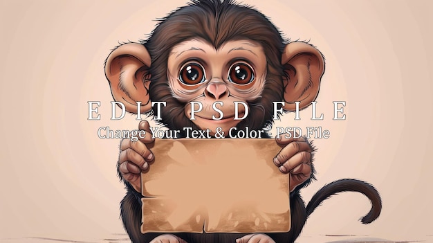 PSD adorable baby chimpanzee holding a blank sign