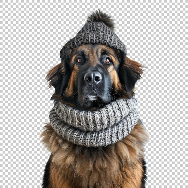 Adorable big dog in winter hat and scarf isolated on transparent background