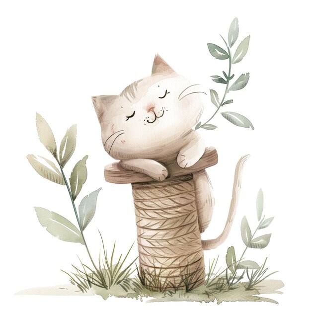 PSD adorable cat on a scratching post surrounded by leaves cute animal illustration