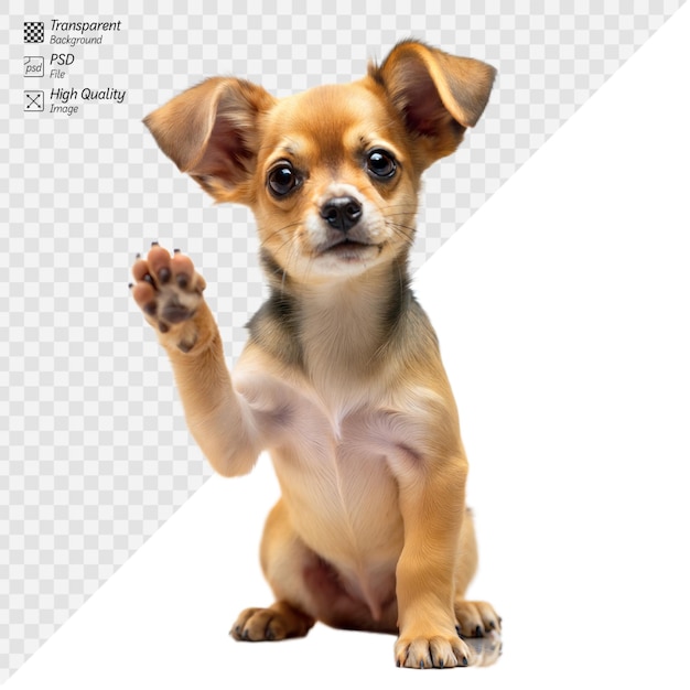 PSD adorable chihuahua puppy with raised paw sitting and looking attentively towards the camera