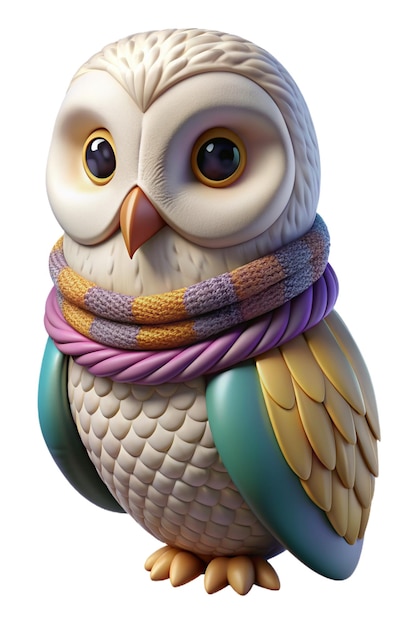 PSD adorable christmas owl wearing a knitted scarf crafted in 3d plastic and plasticine style isolated