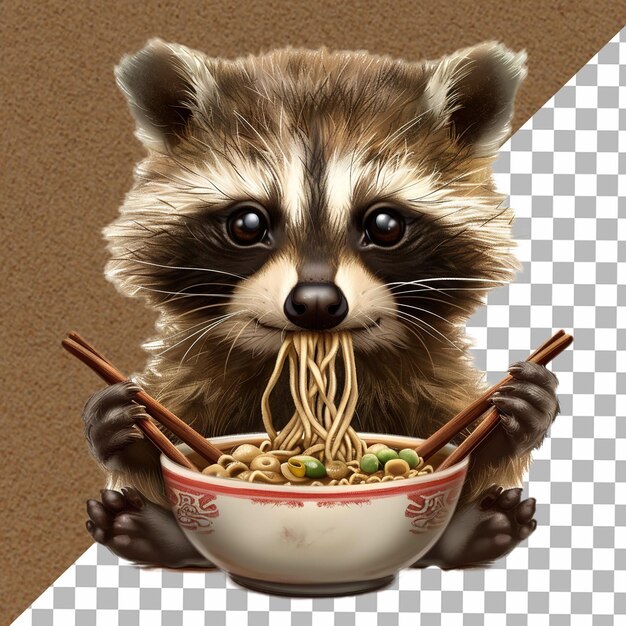 Adorable cute baby raccoon eating ramen with chop sticks isolated on white background