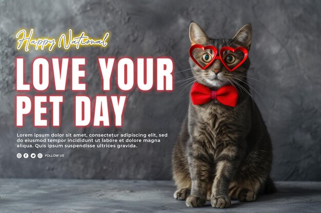 Adorable cute cat wearing red heart shaped glasses pet day concept