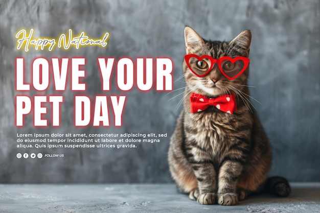 Adorable cute cat wearing red heart shaped glasses pet day concept