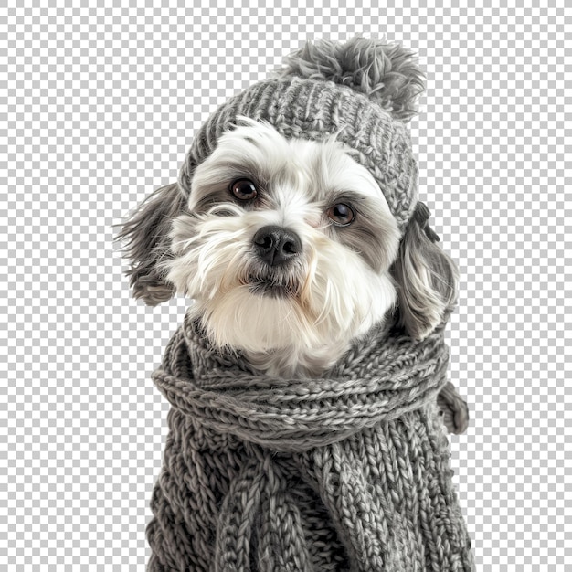 Adorable dog in winter hat and scarf isolated on transparent background