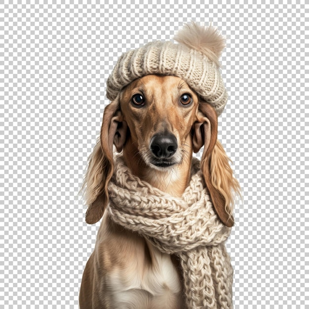 Adorable dog with a knit hat and scarf isolated on transparent background